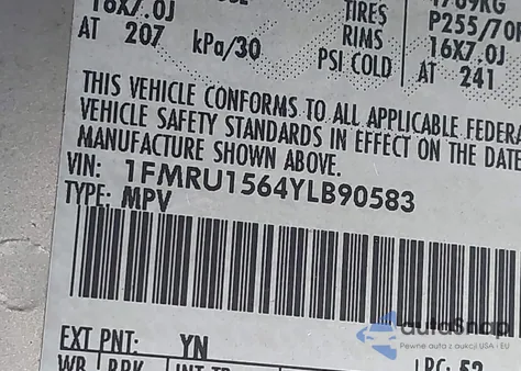 2000 Ford Expedition Xlt z USA, uszkodzony, nr VIN 1FMRU1564YLB90583